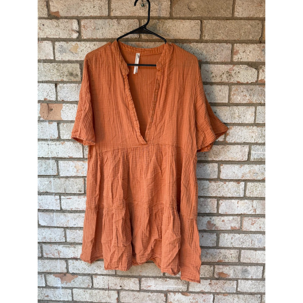 Anthropologie Women’s Orange Deep V Loose Dress Size Large 100% Cotton